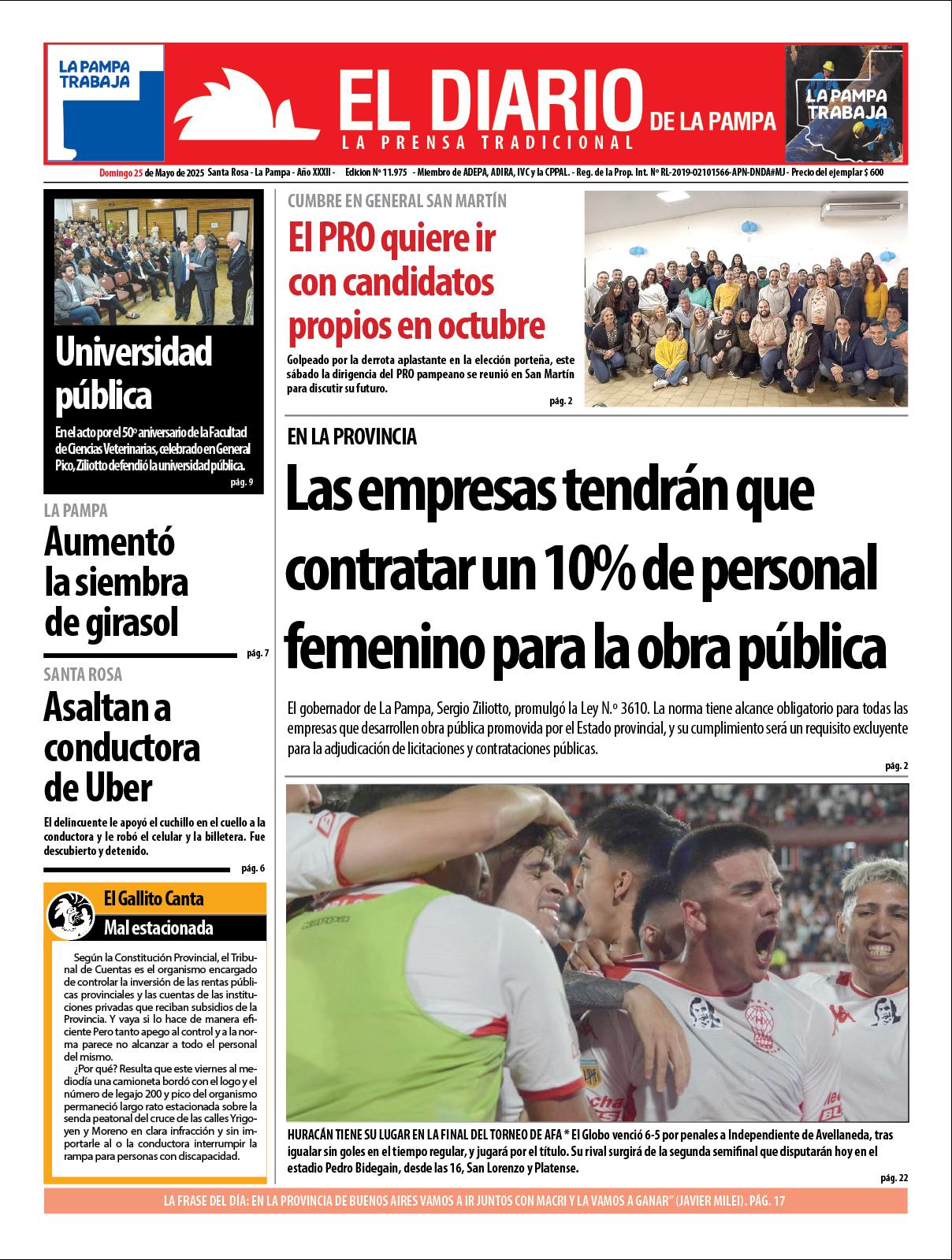 Tapa de El Diario en papel  domingo 25 de mayo de 2025